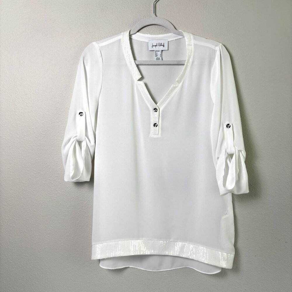 Joseph Ribkoff Blouse Size 4 White Sequin Trim Roll Tab Sleeve V Neck Top